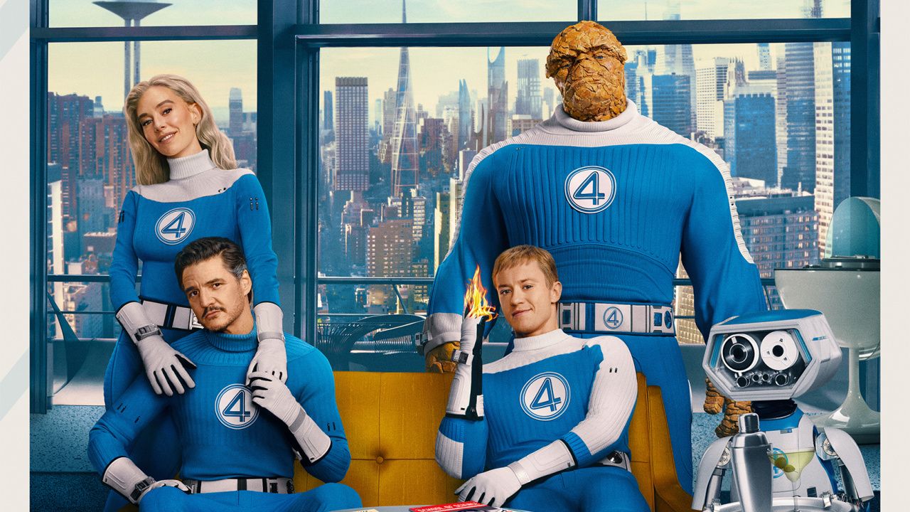 (L to R) Vanessa Kirby, Ebon Moss-Bachrach, Pedro Pascal, and Joseph Quinn in 'The Fantastic Four: First Steps'. Photo: Marvel Studios.